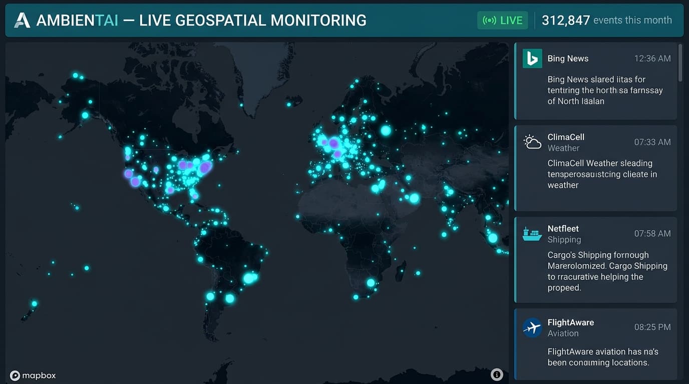 AmbientAI live geospatial monitoring dashboard showing real-time events on a Mapbox world map