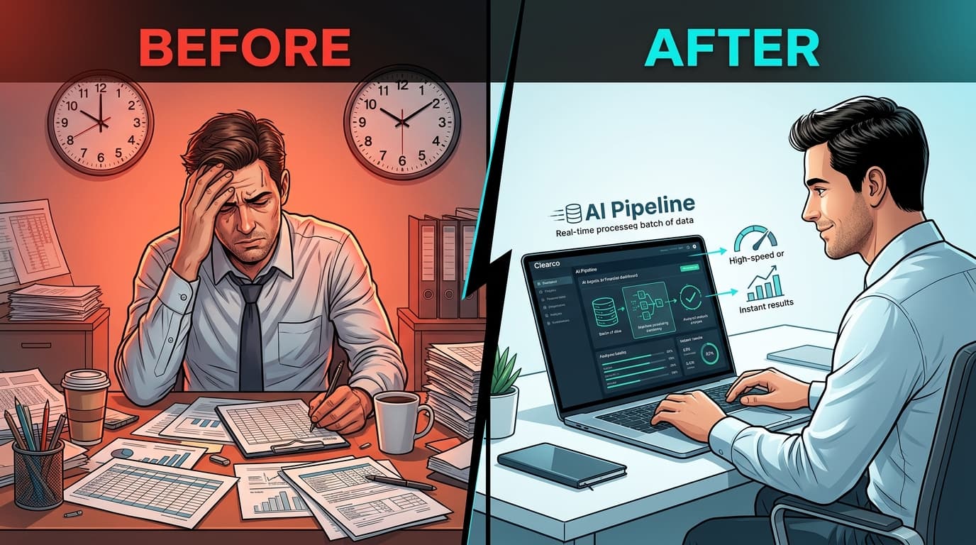 Before/after comparison showing hours of manual work vs. sub-2-minute automated processing