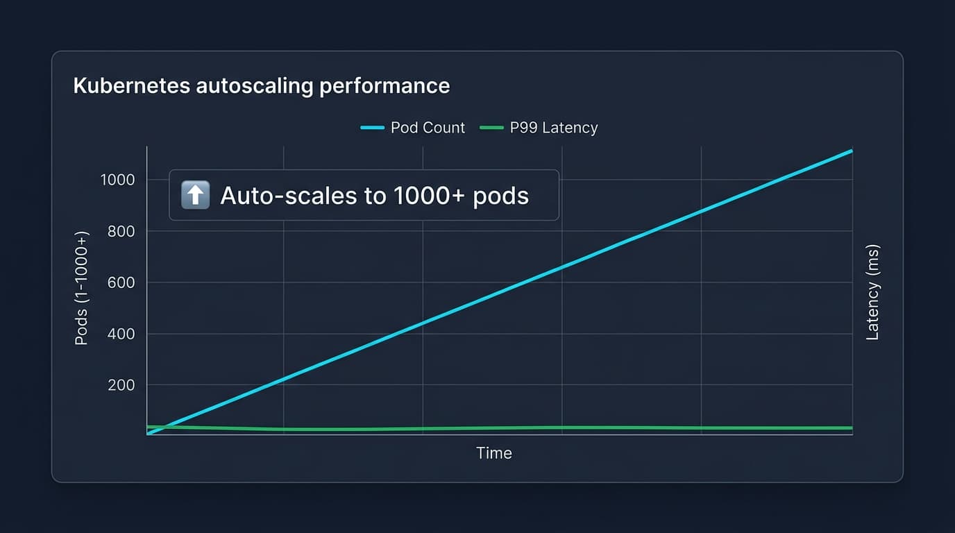 Auto-scaling performance visualization showing pod count scaling to 1,000+ pods