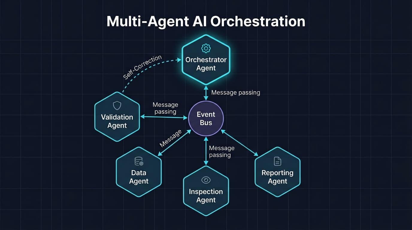 Multi-agent AI orchestration diagram showing five autonomous agents coordinating via an event bus