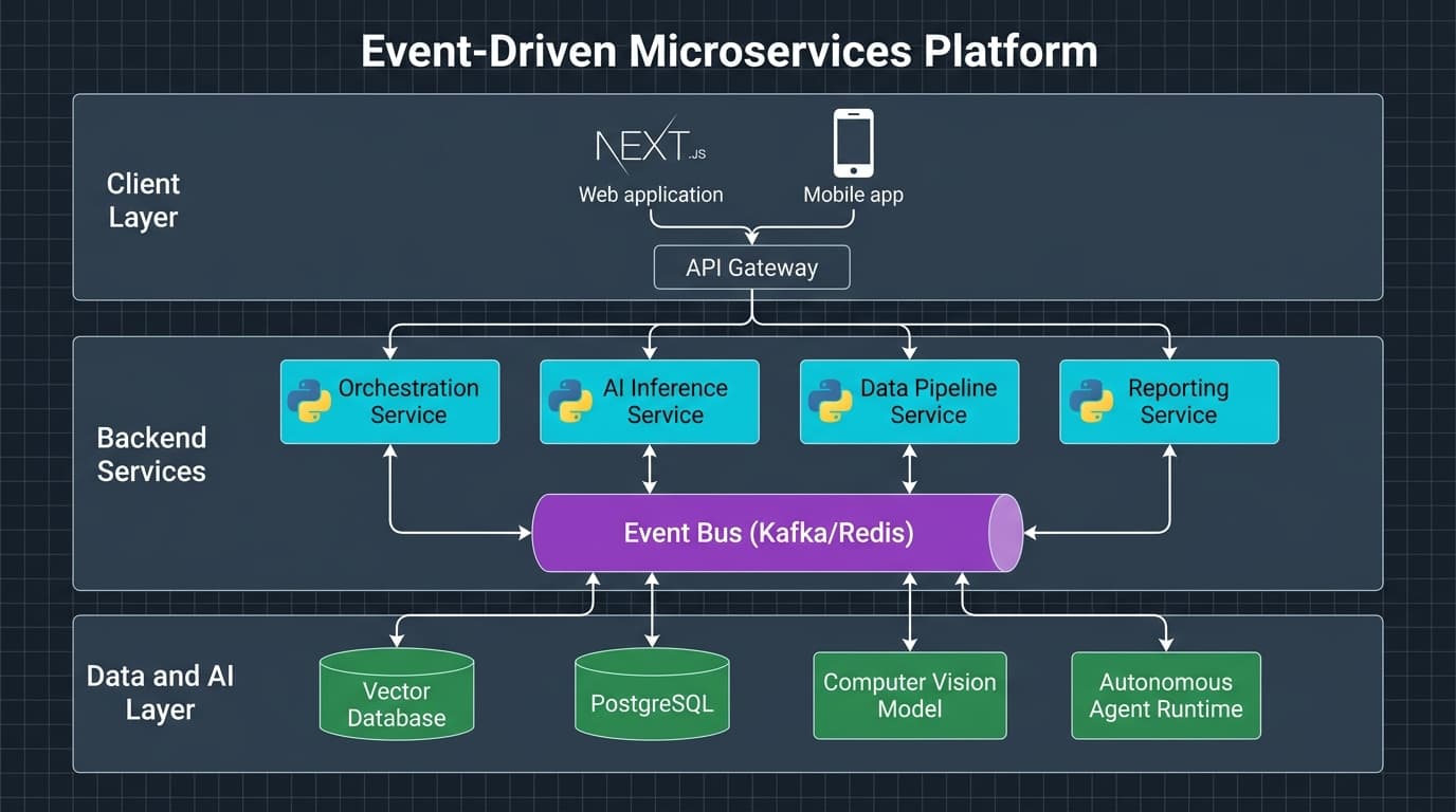 Event-driven microservices architecture diagram for the TIC platform